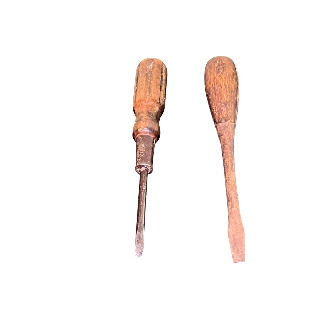 Antique Screwdriver Set 2pc Brown Fair Wood Handle Primitive Flathead